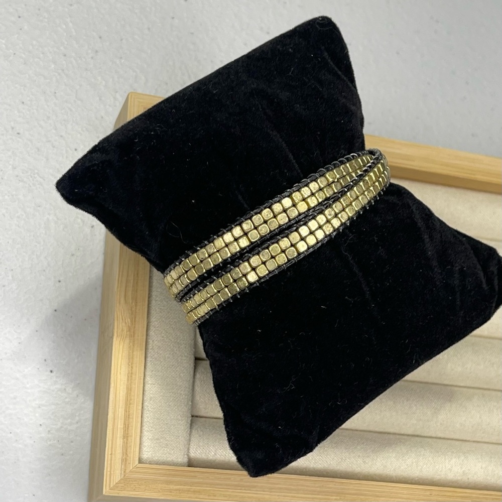 Stella and Dot - BLACK Leather & GOLD Nugget Double Layer Wrap Bracelet -NEW